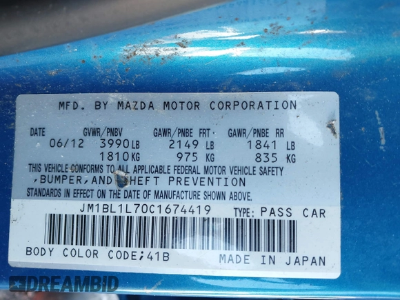 2012 Mazda Mazda3 i Touring with VIN JM1BL1L70C1674419, listed as a IAAI auction lot 40902429 with Not Provided miles. Bid and sale history available at carsss.com. Image 9.