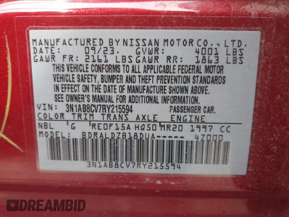 2024 Nissan Sentra SV with VIN 3N1AB8CV7RY215594, listed as a IAAI auction lot 42149552 with 29,538 mi miles. Bid and sale history available at carsss.com. Image 9.