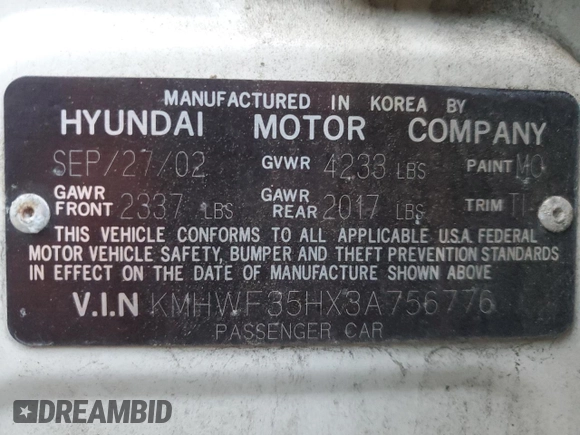 2003 Hyundai Sonata GLS with VIN KMHWF35HX3A756776, listed as a Copart auction lot 86134954 with 100,605 mi miles and Salvage Title. Bid and sale history available at carsss.com. Image 14.