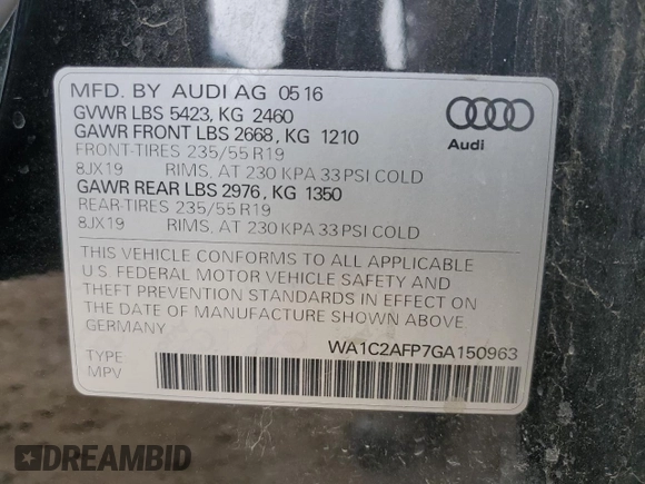 2016 Audi Q5 Premium with VIN WA1C2AFP7GA150963, listed as a Copart auction lot 52000675 with 155,998 mi miles and Salvage title. Bid and sale history available at DreamBid. Image 13.