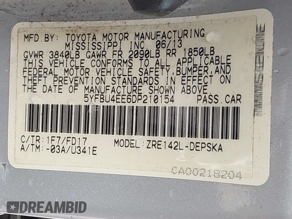 2013 Toyota Corolla L with VIN 5YFBU4EE6DP210154, listed as a IAAI auction lot 41730219 with 171,483 mi miles and . Bid and sale history available at DreamBid. Image 9.