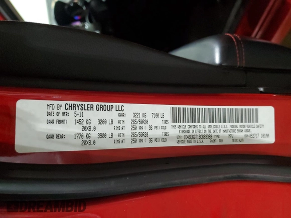 2011 Dodge Durango R/T with VIN 1D4SE6GT1BC683389, listed as a Copart auction lot 52189565 with 225,898 mi miles and Salvage title. Bid and sale history available at DreamBid. Image 14.