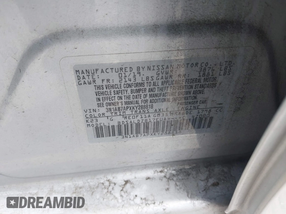 2019 Nissan Sentra S with VIN 3N1AB7APXKY288818, listed as a IAAI auction lot 42137996 with 90,739 mi miles and . Bid and sale history available at DreamBid. Image 9.