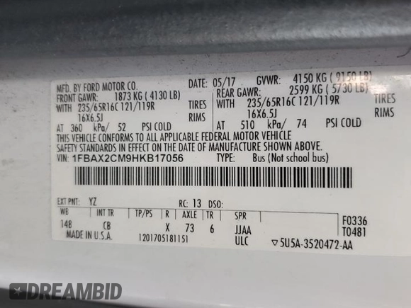 2017 Ford Transit XL z VIN 1FBAX2CM9HKB17056, wystawiony jako Copart lot #47805905 z przebiegiem Nie podano mil oraz Szkoda całkowita • Salvage title. Historia ofert i sprzedaży dostępna na DreamBid. Obrazek 14.