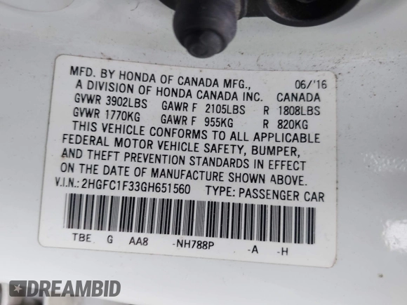 2016 Honda Civic Sedan EX-T with VIN 2HGFC1F33GH651560, listed as a IAAI auction lot 41957232 with 157,912 mi miles. Bid and sale history available at carsss.com. Image 9.