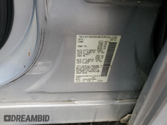2011 Nissan Titan SV with VIN 1N6BA0ED2BN317444, listed as a Copart auction lot 84956244 with 146,026 mi miles and Salvage Title. Bid and sale history available at DreamBid. Image 12.