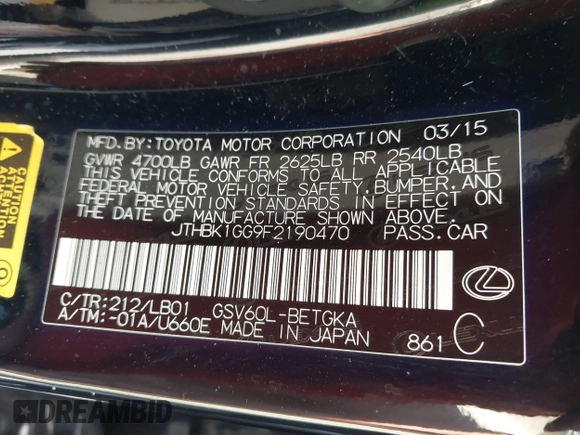 2015 Lexus ES 330 with VIN JTHBK1GG9F2190470, listed as a IAAI auction lot 42537858 with 95,090 mi miles and . Bid and sale history available at DreamBid. Image 9.
