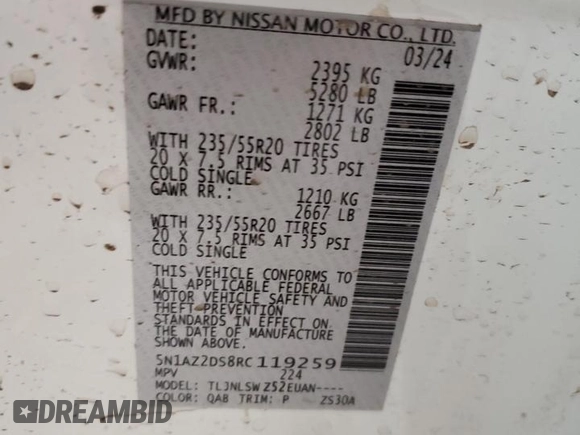 2024 Nissan Murano Platinum z VIN 5N1AZ2DS8RC119259, wystawiony jako Copart lot #52637325 z przebiegiem 512 mil mil oraz Szkoda całkowita • Salvage title. Historia ofert i sprzedaży dostępna na DreamBid. Obrazek 14.