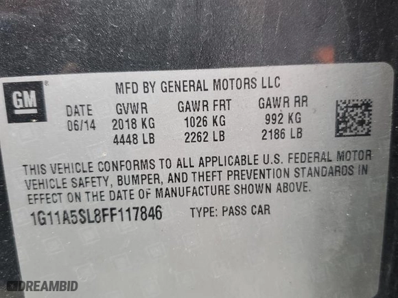 2015 Chevrolet Malibu LS with VIN 1G11A5SL8FF117846, listed as a Copart auction lot 44683725 with 135,546 mi miles and Salvage Title. Bid and sale history available at carsss.com. Image 14.
