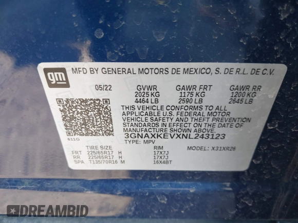 2022 Chevrolet Equinox LT z VIN 3GNAXKEVXNL243123, wystawiony jako IAAI lot #41628714 z przebiegiem 48 774 mil mil oraz . Historia ofert i sprzedaży dostępna na DreamBid. Obrazek 9.