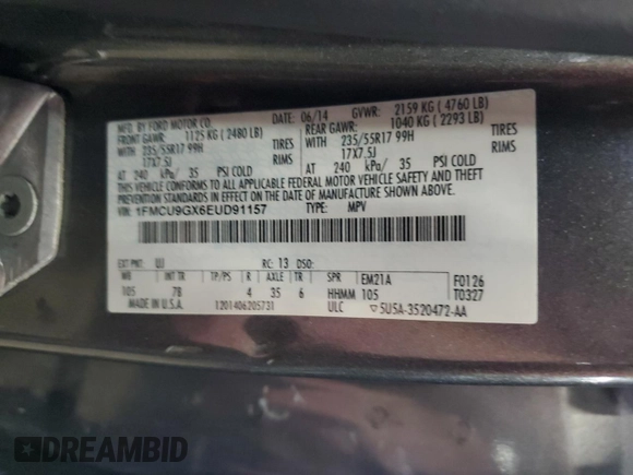 2014 Ford Escape SE с VIN 1FMCU9GX6EUD91157, выставлен на аукционе Copart как лот 62349285 с пробегом 121 325 миль миль и Чистый • Clean title. История ставок и продаж доступна на DreamBid. Изображение 13.