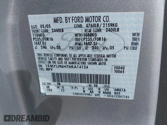 2006 Ford Escape Hybrid with VIN 1FMYU96H76KA14124, listed as a IAAI auction lot 42063449 with 53,055 mi miles and . Bid and sale history available at DreamBid. Image 9.