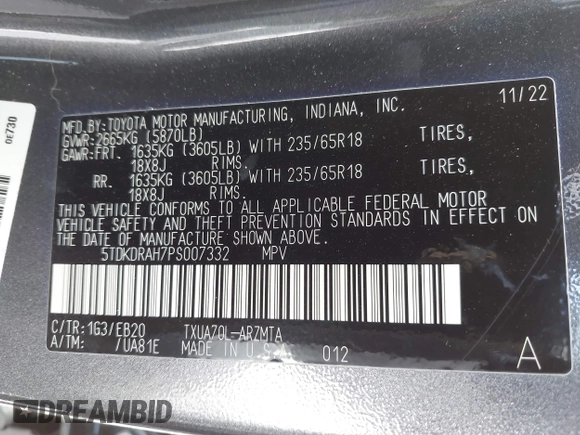2023 Toyota Highlander L with VIN 5TDKDRAH7PS007332, listed as a IAAI auction lot 42392250 with 51,943 mi miles and . Bid and sale history available at DreamBid. Image 9.