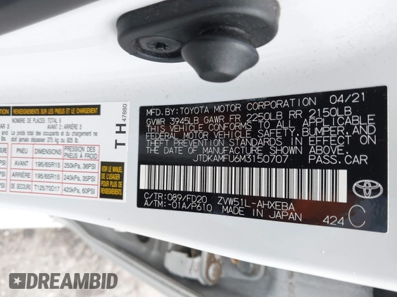 2021 Toyota Prius L Eco with VIN JTDKAMFU6M3150707, listed as a IAAI auction lot 41867272 with 55,499 mi miles and . Bid and sale history available at DreamBid. Image 9.