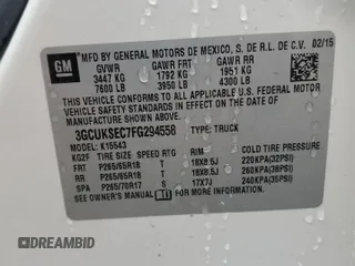 2015 Chevrolet Silverado 1500 LTZ with VIN 3GCUKSEC7FG294558, listed as a Copart auction lot 53981415 with 114,042 mi miles and Salvage Title. Bid and sale history available at DreamBid. Image 12.