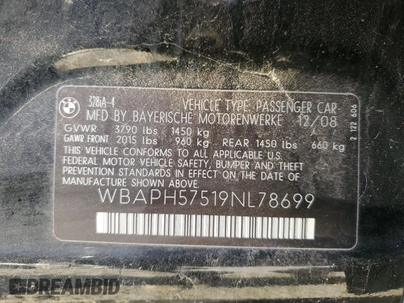 2009 BMW 3 Series 328i z VIN WBAPH57519NL78699, wystawiony jako Copart lot #48189495 z przebiegiem 120 997 mil mil oraz Szkoda całkowita • Salvage title. Historia ofert i sprzedaży dostępna na DreamBid. Obrazek 12.