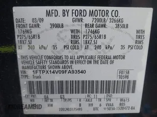 2009 Ford F-150 XL with VIN 1FTPX14V09FA93540, listed as a IAAI auction lot 41461340 with 152,090 mi miles. Bid and sale history available at carsss.com. Image 9.