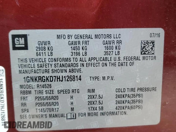 2017 Chevrolet Traverse LT with VIN 1GNKRGKD7HJ126814, listed as a Copart auction lot 47560705 with 101,884 mi miles and Salvage Title. Bid and sale history available at DreamBid. Image 16.