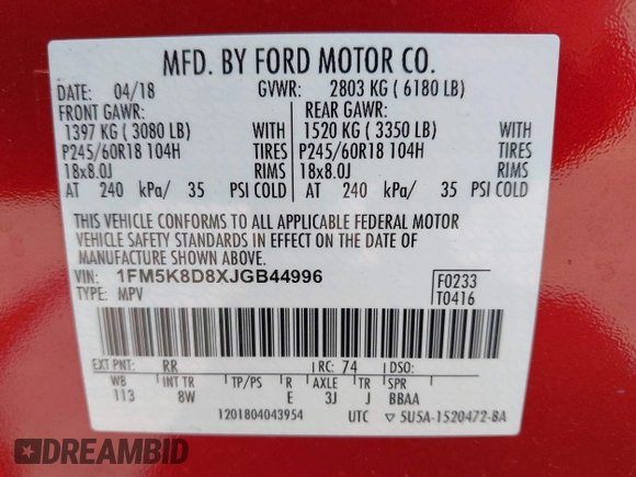 2018 Ford Explorer XLT with VIN 1FM5K8D8XJGB44996, listed as a IAAI auction lot 42703300 with Not provided miles and . Bid and sale history available at DreamBid. Image 9.