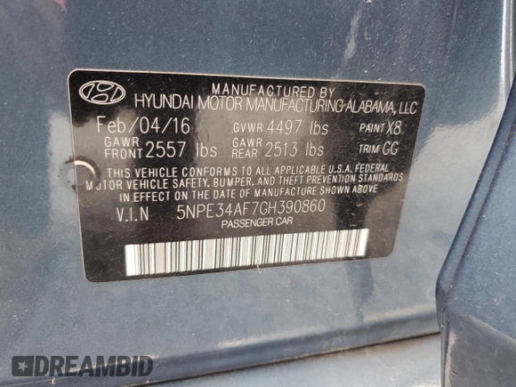 2016 Hyundai Sonata Sport with VIN 5NPE34AF7GH390860, listed as a Copart auction lot 53282325 with 140,947 mi miles and Salvage Title. Bid and sale history available at DreamBid. Image 12.
