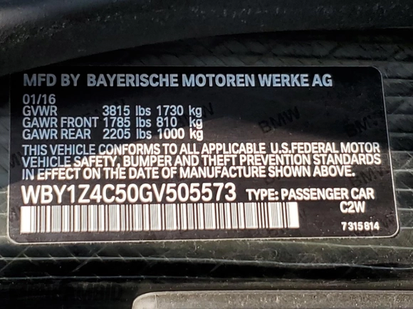 2016 BMW i3 с VIN WBY1Z4C50GV505573, выставлен на аукционе Copart как лот 59434985 с пробегом 88 918 миль миль и Чистый • Clean title. История ставок и продаж доступна на DreamBid. Изображение 13.