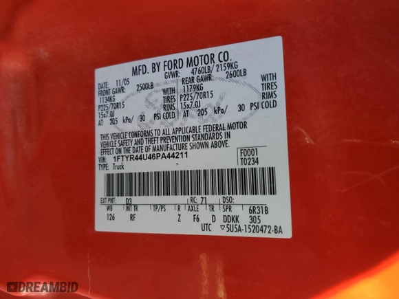 2006 Ford Ranger STX with VIN 1FTYR44U46PA44211, listed as a Copart auction lot 43438045 with 86,926 mi miles and Salvage Title. Bid and sale history available at carsss.com. Image 12.