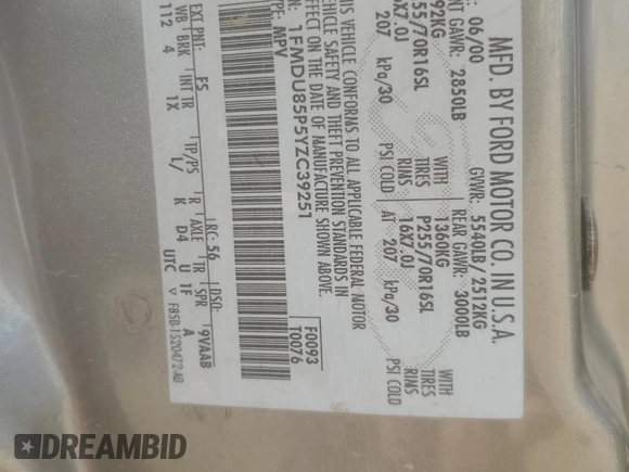2000 Ford Explorer с VIN 1FMDU85P5YZC39251, выставлен на аукционе Copart как лот 65672725 с пробегом 184 505 миль миль и Чистый • Clean title. История ставок и продаж доступна на DreamBid. Изображение 13.