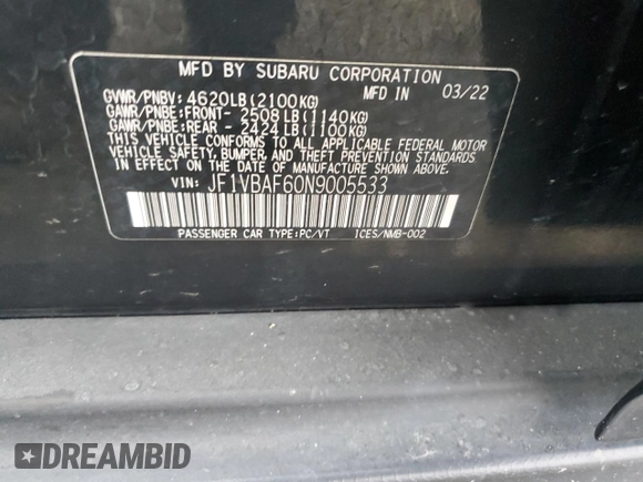 2022 Subaru WRX Premium with VIN JF1VBAF60N9005533, listed as a Copart auction lot 49636655 with 42,109 mi miles and Salvage Title. Bid and sale history available at carsss.com. Image 14.