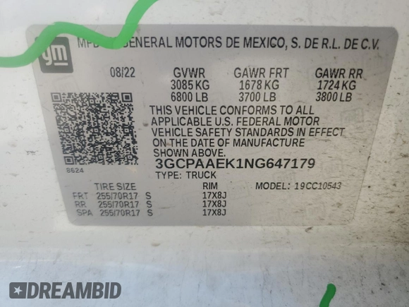 2022 Chevrolet Silverado 1500 Work Truck with VIN 3GCPAAEK1NG647179, listed as a Copart auction lot 59963564 with 15,204 mi miles and Salvage Title. Bid and sale history available at DreamBid. Image 12.
