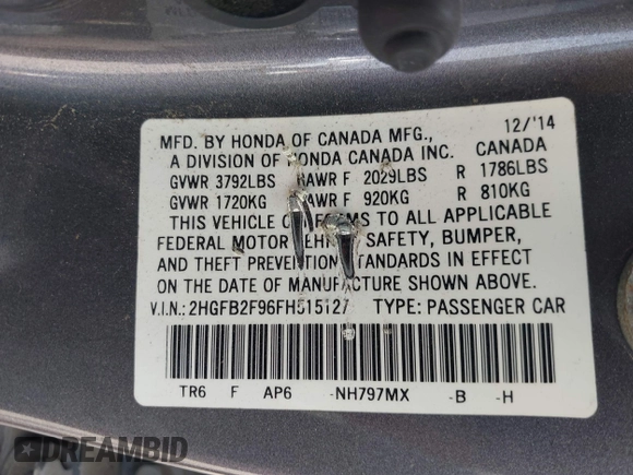 2015 Honda Civic EX-L with VIN 2HGFB2F96FH515127, listed as a IAAI auction lot 42164707 with 206,066 mi miles and . Bid and sale history available at carsss.com. Image 9.