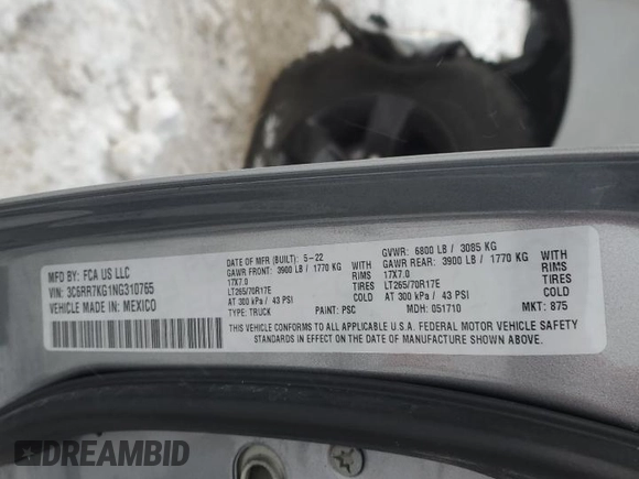 2022 Ram 1500 Tradesman с VIN 3C6RR7KG1NG310765, выставлен на аукционе Copart как лот 84490974 с пробегом Не указан миль и Списание • Salvage title. История ставок и продаж доступна на DreamBid. Изображение 12.