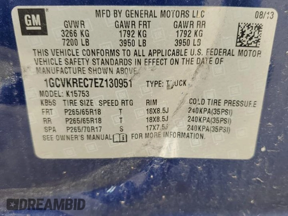 2014 Chevrolet Silverado 1500 LT with VIN 1GCVKREC7EZ130951, listed as a Copart auction lot 53956355 with 182,755 mi miles and Clean Title. Bid and sale history available at DreamBid. Image 14.