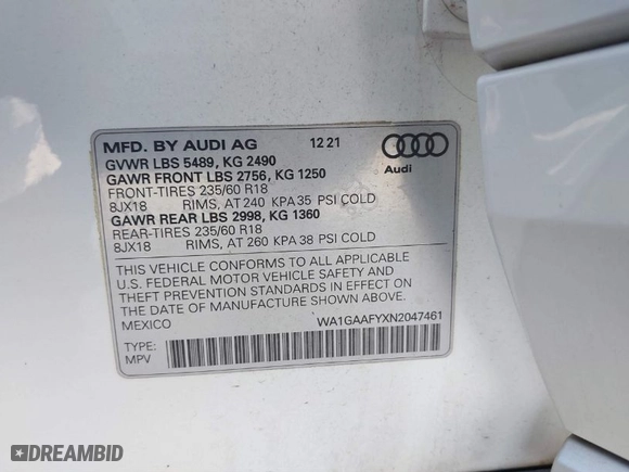 2022 Audi Q5 S line Premium with VIN WA1GAAFYXN2047461, listed as a IAAI auction lot 41542651 with 28,820 mi miles. Bid and sale history available at carsss.com. Image 9.