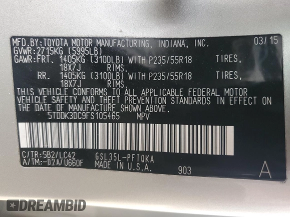 2015 Toyota Sienna Limited with VIN 5TDDK3DC9FS105465, listed as a Copart auction lot 59595595 with 80,348 mi miles and Salvage title. Bid and sale history available at DreamBid. Image 13.