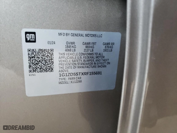 2024 Chevrolet Malibu LT with VIN 1G1ZD5STXRF155691, listed as a Copart auction lot 87712895 with 17,262 mi miles and Salvage Title. Bid and sale history available at carsss.com. Image 12.