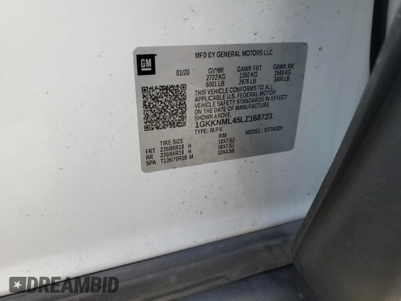 2020 GMC Acadia SLT with VIN 1GKKNML45LZ168723, listed as a Copart auction lot 44224705 with 87,430 mi miles and Salvage Title. Bid and sale history available at DreamBid. Image 14.