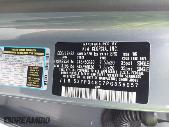 2023 Kia Telluride EX with VIN 5XYP34GC7PG356057, listed as a IAAI auction lot 41475968 with 37,832 mi miles and . Bid and sale history available at DreamBid. Image 9.