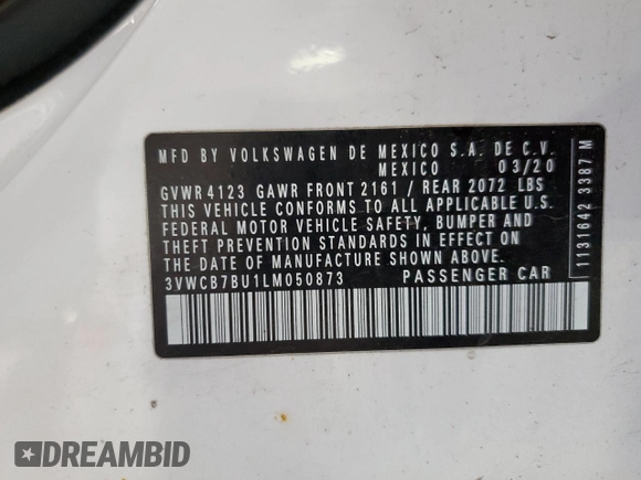 2020 Volkswagen Jetta S с VIN 3VWCB7BU1LM050873, выставлен на аукционе Copart как лот 59947645 с пробегом 48 328 миль миль и Списание • Salvage title. История ставок и продаж доступна на DreamBid. Изображение 12.