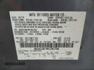 2019 Ford EcoSport Titanium with VIN MAJ6S3KL9KC285706, listed as a Copart auction lot 54191865 with 57,124 mi miles and Salvage Title. Bid and sale history available at DreamBid. Image 13.