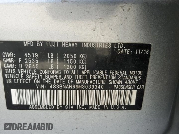 2017 Subaru Legacy Limited with VIN 4S3BNAN69H3039340, listed as a Copart auction lot 57468155 with 45,781 mi miles and Salvage title. Bid and sale history available at DreamBid. Image 12.