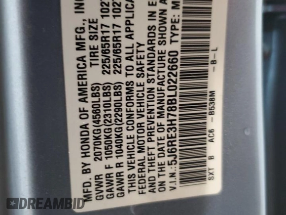 2011 Honda CR-V EX-L with VIN 5J6RE3H78BL022660, listed as a Copart auction lot 58039815 with 81,214 mi miles and Salvage title. Bid and sale history available at DreamBid. Image 13.