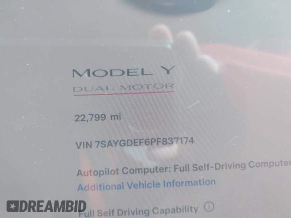 2023 Tesla Model Y Performance with VIN 7SAYGDEF6PF837174, listed as a IAAI auction lot 41436629 with 22,799 mi miles and . Bid and sale history available at DreamBid. Image 16.
