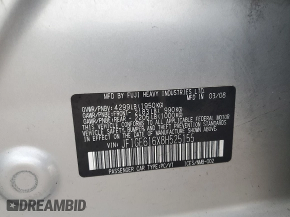 2008 Subaru Impreza Sedan (Natl) i w/Premium Pkg with VIN JF1GE616X8H525155, listed as a Copart auction lot 85248544 with 210,062 mi miles and Salvage Title. Bid and sale history available at carsss.com. Image 14.