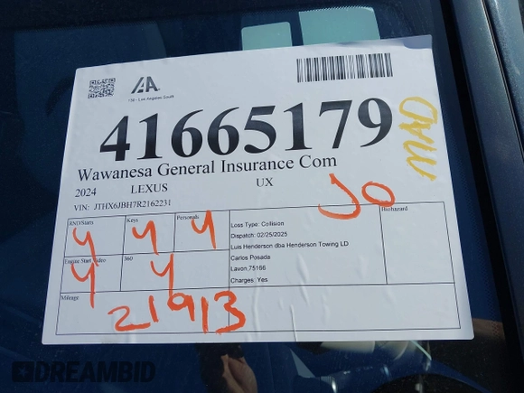 2024 Lexus UX with VIN JTHX6JBH7R2162231, listed as a IAAI auction lot 41665179 with 21,913 mi miles. Bid and sale history available at carsss.com. Image 18.