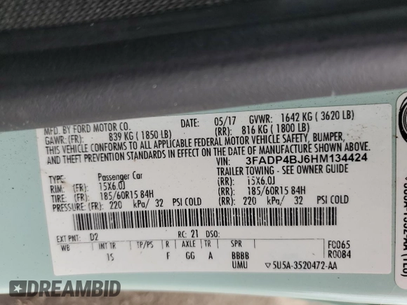 2017 Ford Fiesta SE with VIN 3FADP4BJ6HM134424, listed as a Copart auction lot 83703724 with Not Provided miles and Salvage Title. Bid and sale history available at DreamBid. Image 12.