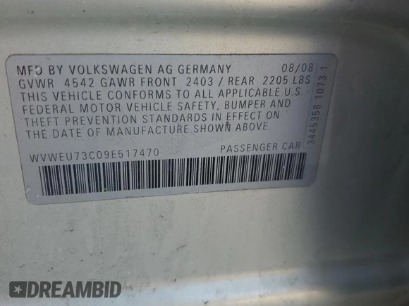 2009 Volkswagen CC Sport with VIN WVWEU73C09E517470, listed as a Copart auction lot 48699165 with 159,987 mi miles and Salvage Title. Bid and sale history available at DreamBid. Image 14.