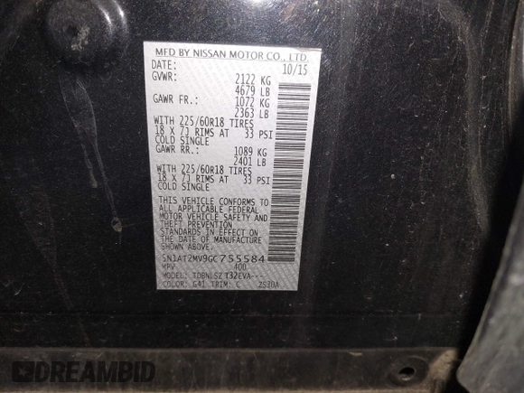 2016 Nissan Rogue SL with VIN 5N1AT2MV9GC755584, listed as a IAAI auction lot 42106132 with 83,514 mi miles and . Bid and sale history available at DreamBid. Image 9.