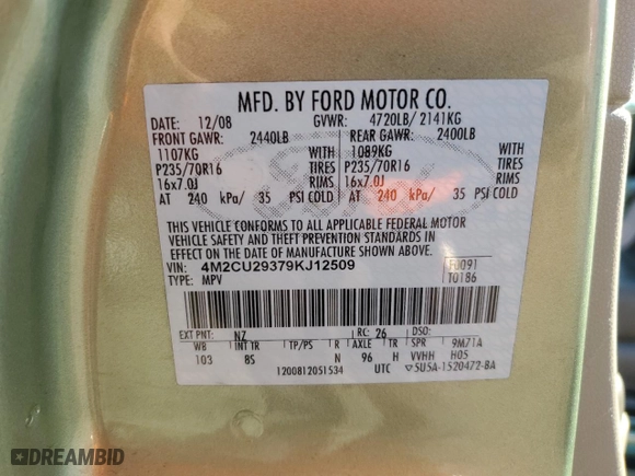 2009 Mercury Mariner Hybrid with VIN 4M2CU29379KJ12509, listed as a Copart auction lot 42384375 with 0 mi miles and Non Repairable. Bid and sale history available at carsss.com. Image 13.