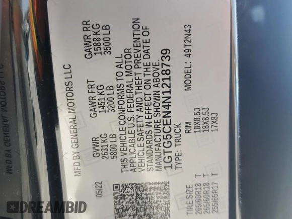 2022 GMC Canyon 2WD Elevation z VIN 1GTG5CEN4N1218739, wystawiony jako Copart lot #54392515 z przebiegiem 9 905 mil mil oraz Nie do naprawy • Non repairable. Historia ofert i sprzedaży dostępna na DreamBid. Obrazek 12.