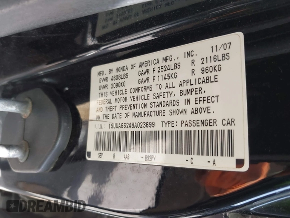 2008 Acura TL with VIN 19UUA66248A023699, listed as a IAAI auction lot 42047324 with 1 mi miles. Bid and sale history available at carsss.com. Image 9.